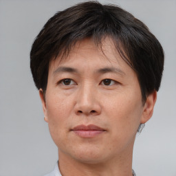 Neutral asian adult male with short  brown hair and brown eyes