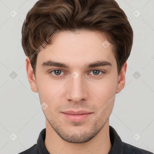 Neutral white young-adult male with short  brown hair and brown eyes