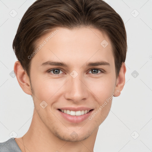 Joyful white young-adult female with short  brown hair and grey eyes