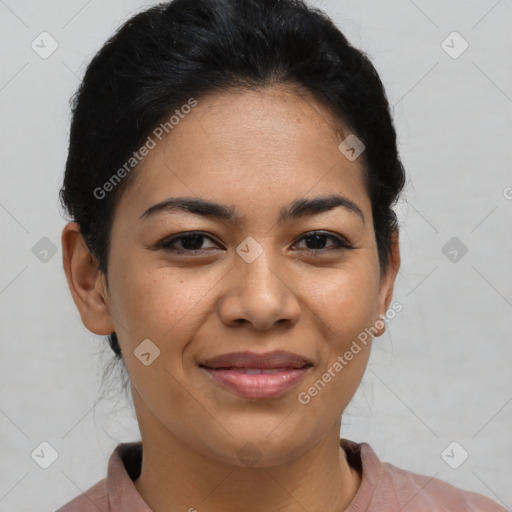 Joyful latino young-adult female with short  brown hair and brown eyes