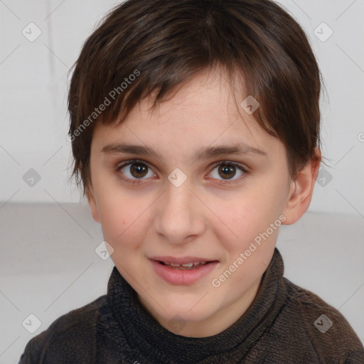 Joyful white child female with medium  brown hair and brown eyes