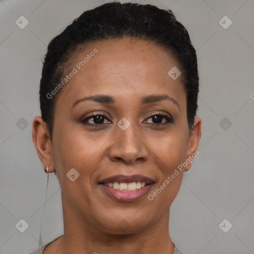 Joyful black adult female with short  brown hair and brown eyes