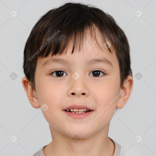 Joyful white child male with short  brown hair and brown eyes