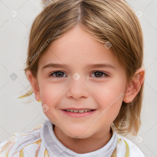 Joyful white child female with medium  brown hair and brown eyes