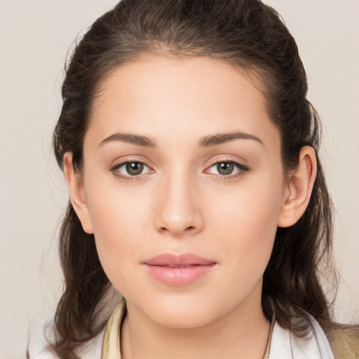 Neutral white young-adult female with medium  brown hair and brown eyes