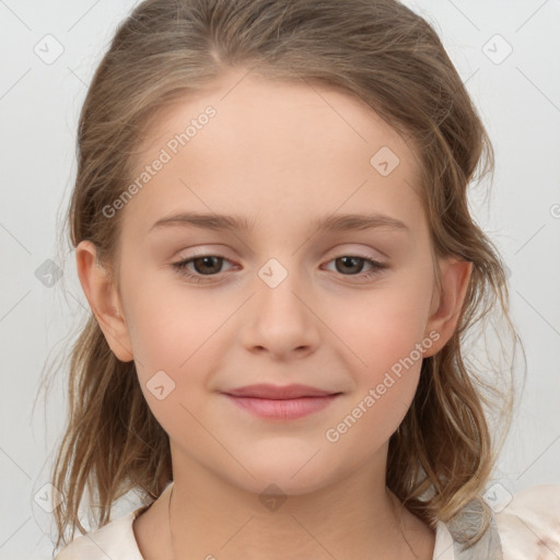 Joyful white child female with medium  brown hair and brown eyes