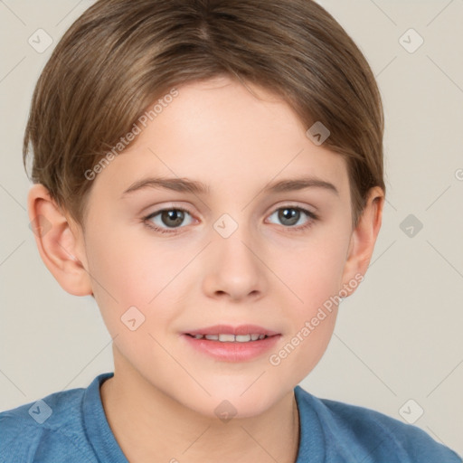 Joyful white child female with short  brown hair and brown eyes