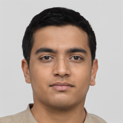 Neutral latino young-adult male with short  black hair and brown eyes