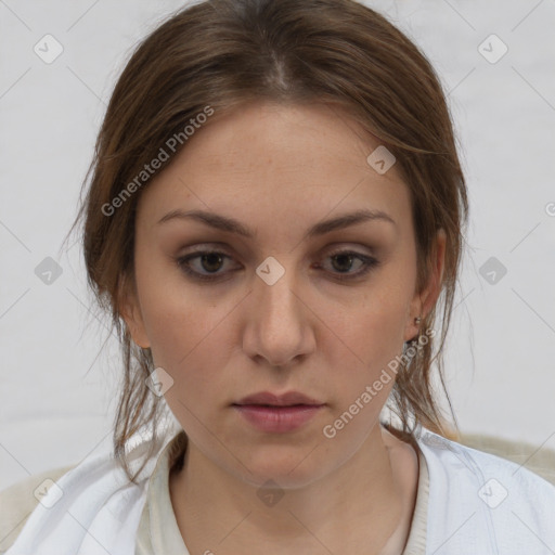 Neutral white young-adult female with medium  brown hair and brown eyes