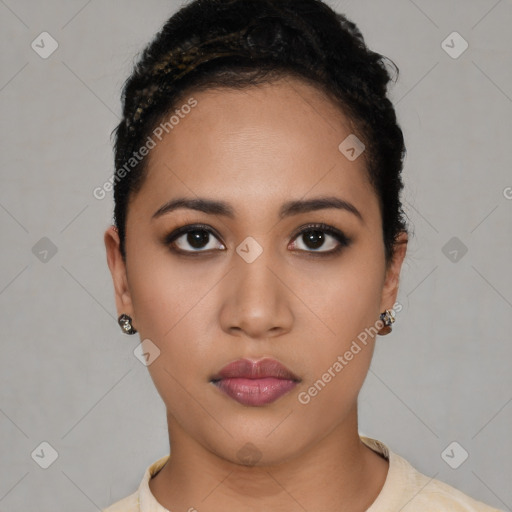 Neutral latino young-adult female with short  black hair and brown eyes