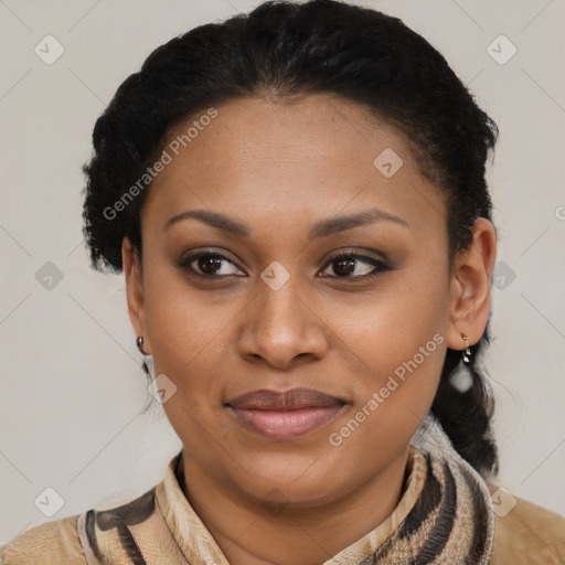 Joyful latino young-adult female with short  brown hair and brown eyes