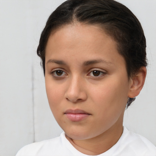 Neutral white young-adult female with short  brown hair and brown eyes