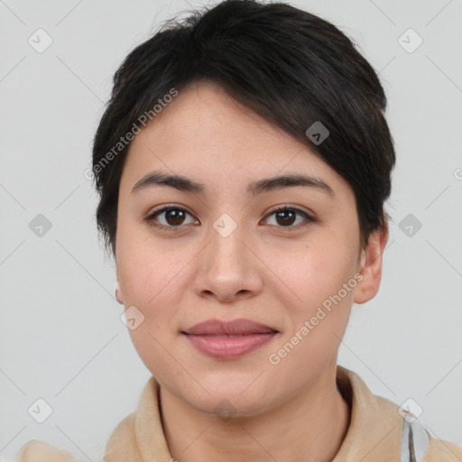 Joyful asian young-adult female with short  brown hair and brown eyes