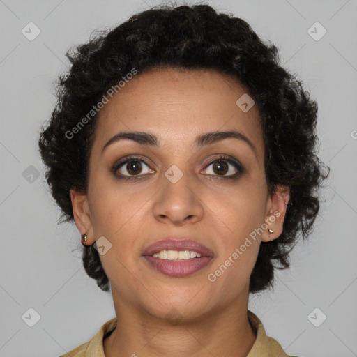 Joyful black young-adult female with short  brown hair and brown eyes