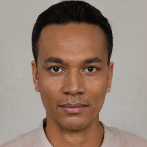 Neutral black young-adult male with short  black hair and brown eyes
