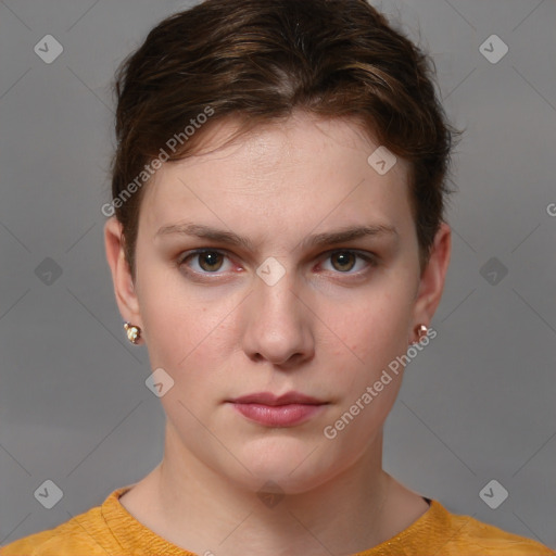 Neutral white young-adult female with short  brown hair and brown eyes