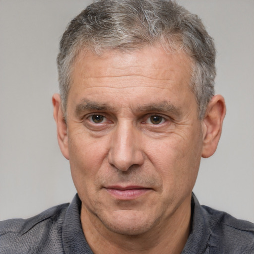 Neutral white middle-aged male with short  brown hair and brown eyes