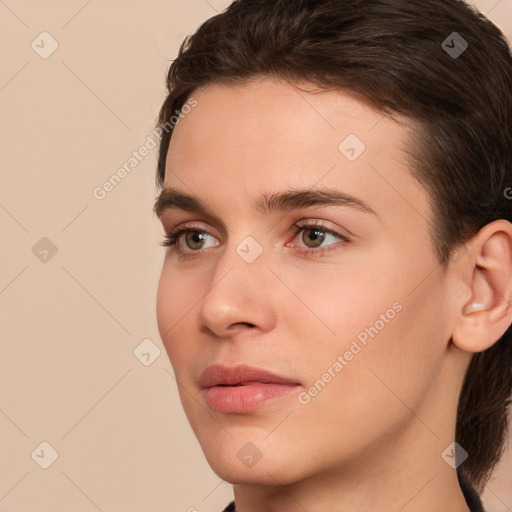 Joyful white young-adult male with medium  brown hair and brown eyes