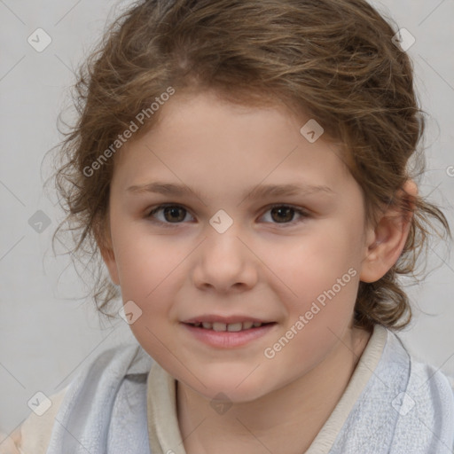 Joyful white child female with medium  brown hair and brown eyes