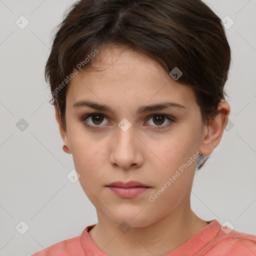 Neutral white young-adult female with short  brown hair and brown eyes