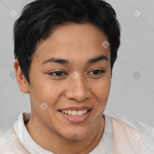 Joyful asian young-adult female with short  brown hair and brown eyes