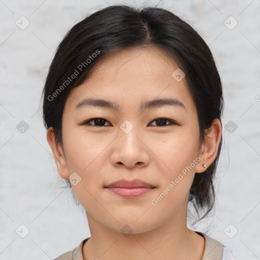 Neutral asian young-adult female with medium  brown hair and brown eyes