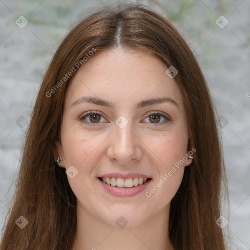 Joyful white young-adult female with long  brown hair and grey eyes