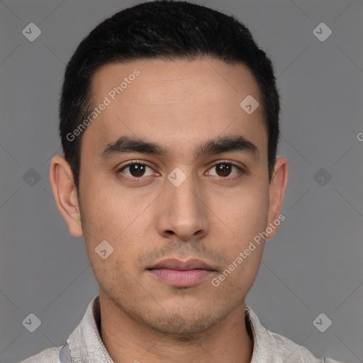 Neutral latino young-adult male with short  brown hair and brown eyes