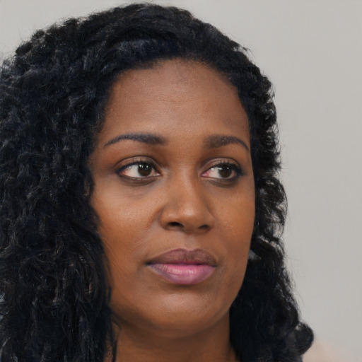 Joyful black young-adult female with long  black hair and brown eyes
