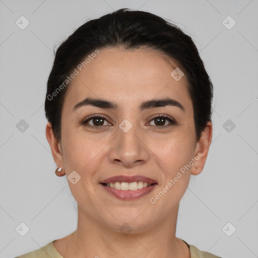 Joyful white young-adult female with short  brown hair and brown eyes