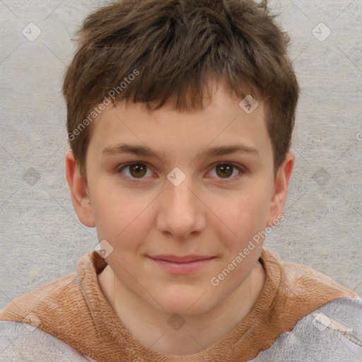 Joyful white child male with short  brown hair and brown eyes