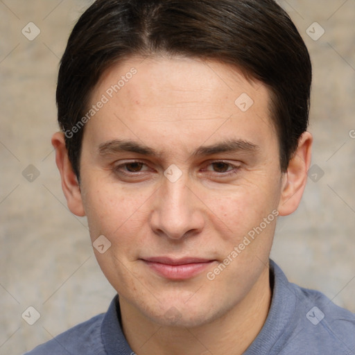 Joyful white adult male with short  brown hair and brown eyes