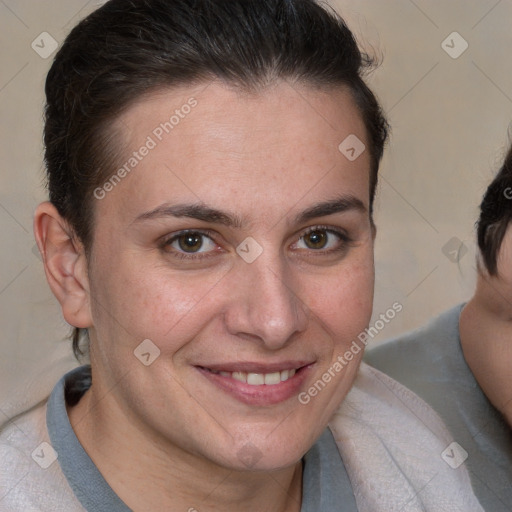 Joyful white adult female with short  brown hair and brown eyes