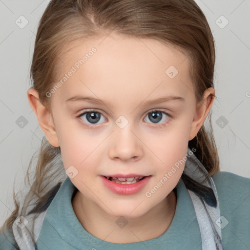 Joyful white child female with medium  brown hair and brown eyes