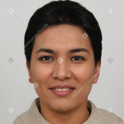 Joyful asian young-adult female with short  black hair and brown eyes