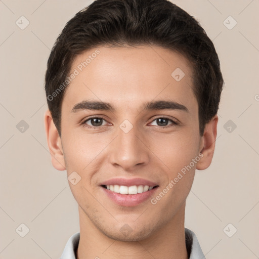 Joyful white young-adult male with short  brown hair and brown eyes