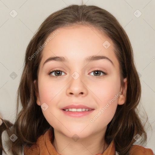 Joyful white child female with medium  brown hair and brown eyes