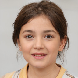 Joyful white child female with medium  brown hair and brown eyes