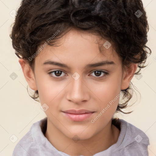 Joyful white child female with medium  brown hair and brown eyes