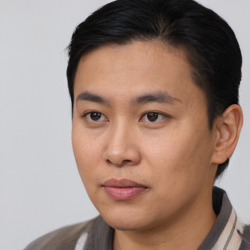 Neutral asian young-adult male with short  brown hair and brown eyes