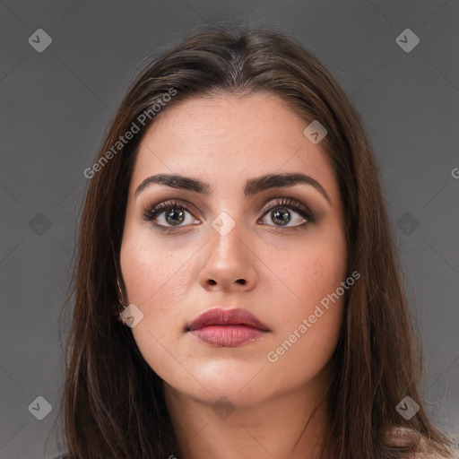 Neutral white young-adult female with long  brown hair and brown eyes