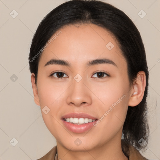 Joyful white young-adult female with long  brown hair and brown eyes