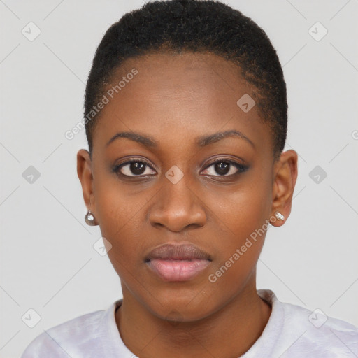 Neutral black young-adult female with short  black hair and brown eyes