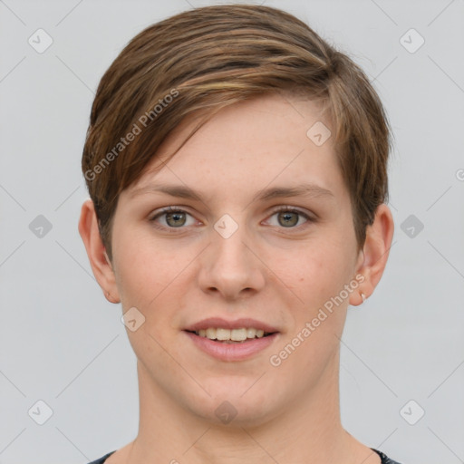 Joyful white young-adult female with short  brown hair and grey eyes