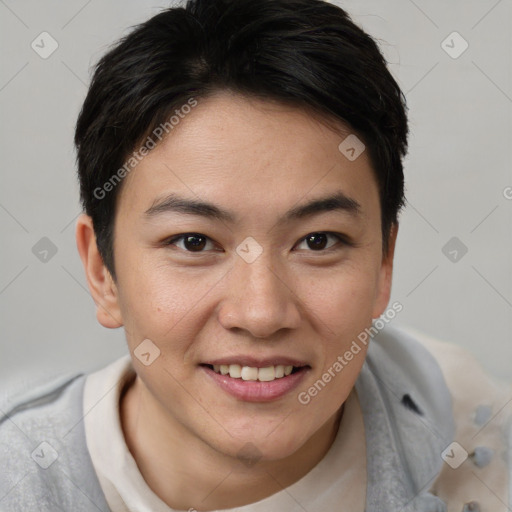 Joyful asian young-adult female with short  brown hair and brown eyes
