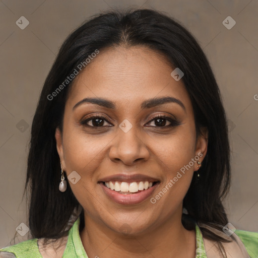 Joyful latino young-adult female with medium  brown hair and brown eyes