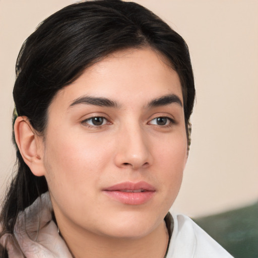 Neutral white young-adult female with medium  brown hair and brown eyes