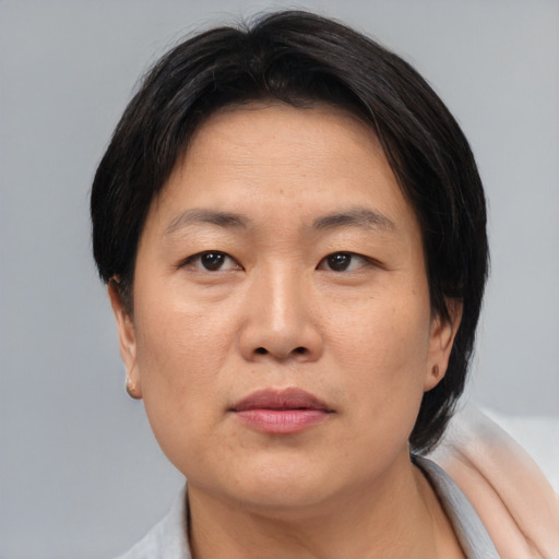 Neutral asian adult female with medium  brown hair and brown eyes