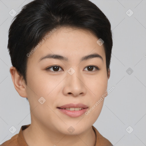 Joyful asian young-adult female with short  brown hair and brown eyes