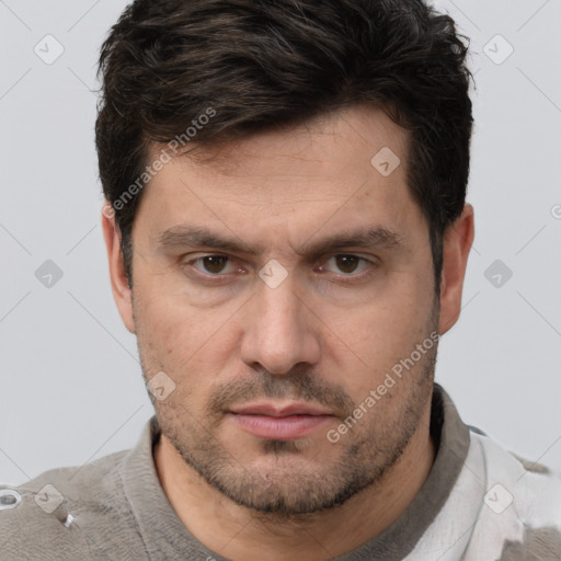 Neutral white adult male with short  brown hair and brown eyes